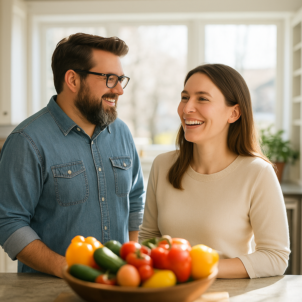 Couple in kitchen with healthy food