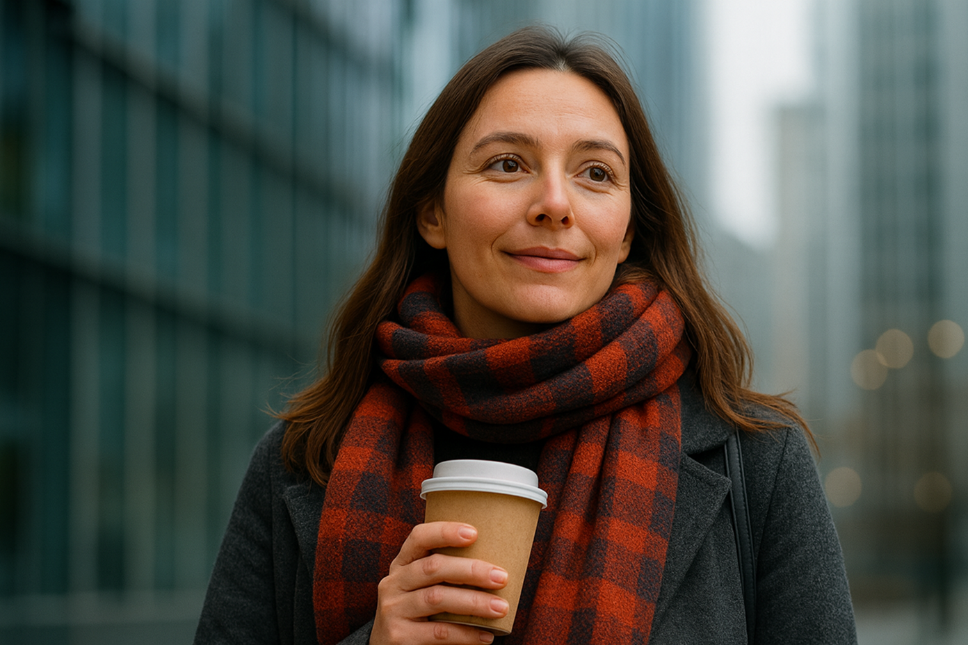 Woman with coffee cup in city
